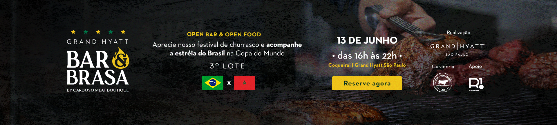 Banner bar e brasa festival de churrasco com open bar e transmissão da copa do mundo 2026 São Paulo no hotel Grand Hyatt