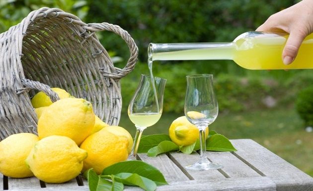 cesta com limões encima de uma mesa no meio de um jardim e uma mão servindo uma taça com limoncello, um dos drinks italianos