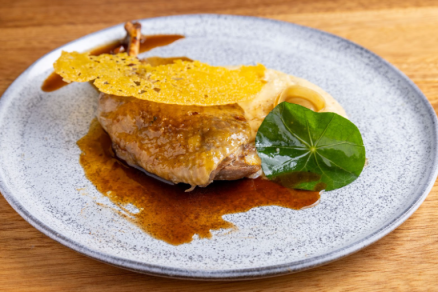 Comida italiana sofisticada com carne suculenta ao molho, acompanhado de purê cremoso, folha verde e crocante dourado por cima.